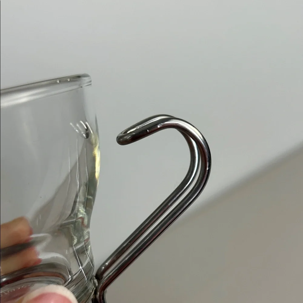 Bormioli‎ Rocco Set of Four Tempered Glass Espresso Cups with Silver Handles
